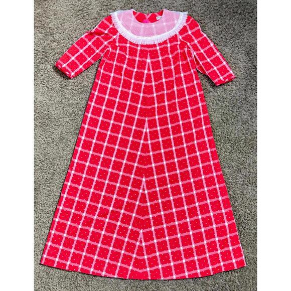 Vintage 1970's Red Plaid Maxi Dress Swiss Dot Chiffon Collar Betty Higgins - Picture 8 of 10